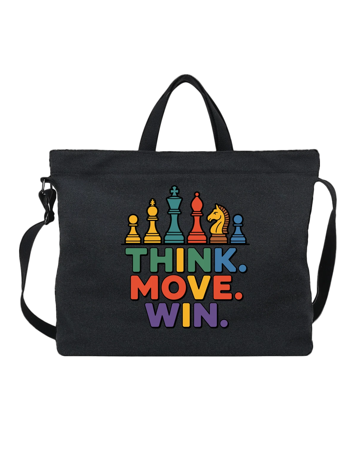 Сумка чёрная с принтом Шахматные фигуры и слоган THINK MOVE WIN — шахматный слоган THINK MOVE WIN — Чёрная, фото 1