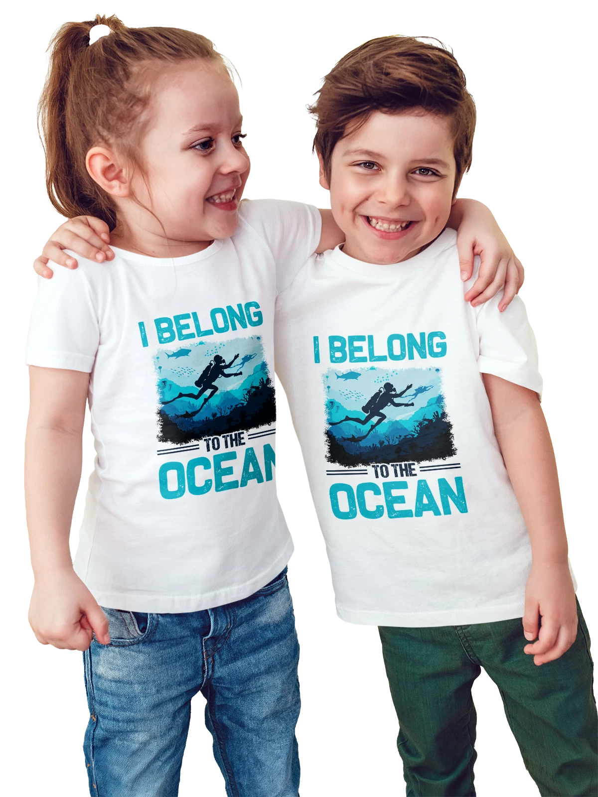 Футболка детская с аквалангистом I belong to the ocean белая с принтом — одежда для мужчины — Белая, фото 1