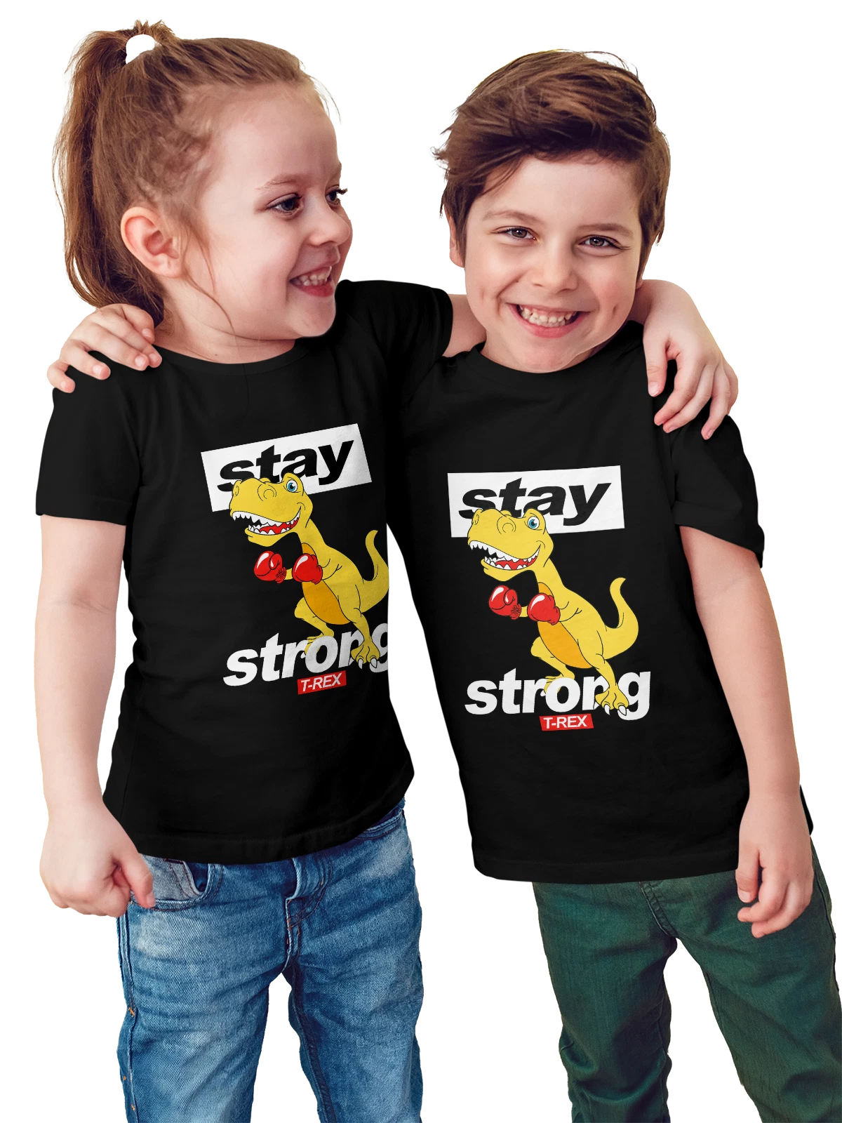 Футболка детская Динозавр боксер stay strong чёрная с принтом — подарок любителю динозавров — Чёрная, фото 1