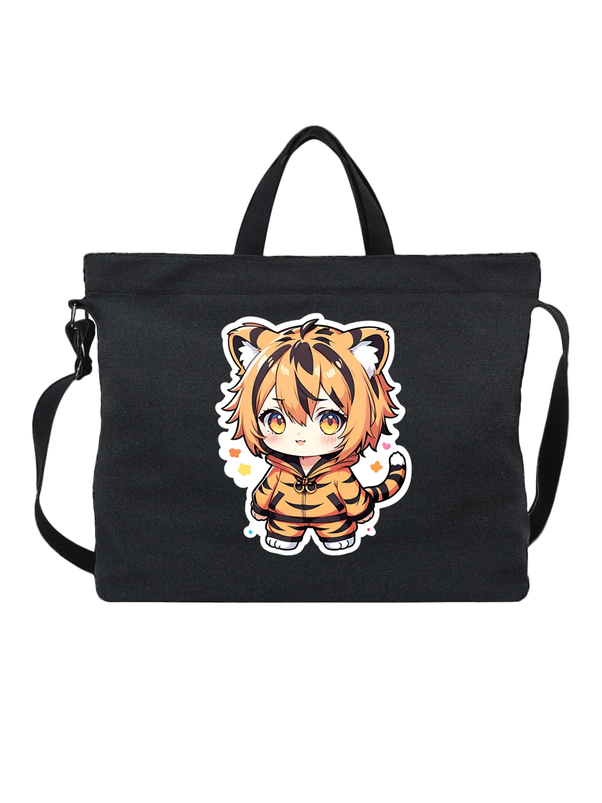 Сумка Аниме тигренок в тигровом костюме chibi чёрная с принтом — ушки тигра — Чёрная, фото 1