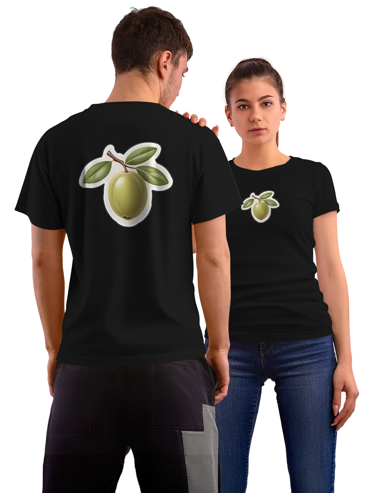 Футболка Зеленая оливка с веткой и листьями чёрная с принтом на спине — ветка с листьями — Чёрная, фото 1