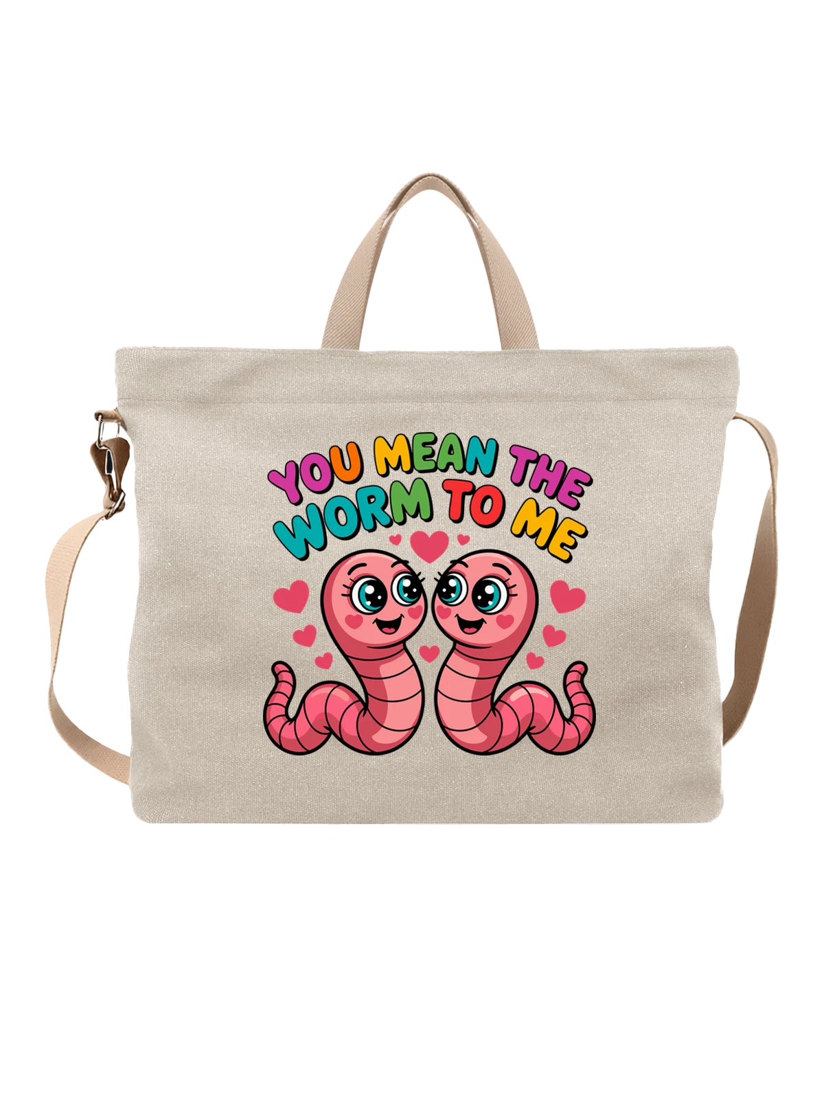 Сумка бежевая с принтом с двумя милыми розовыми червячками — kawaii worms — Бежевая, фото 1