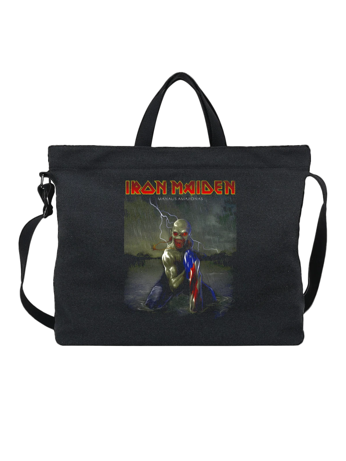 Сумка чёрная с принтом Iron Maiden скелетный монстр с молнией — музыкальный дизайн — Чёрная, фото 1