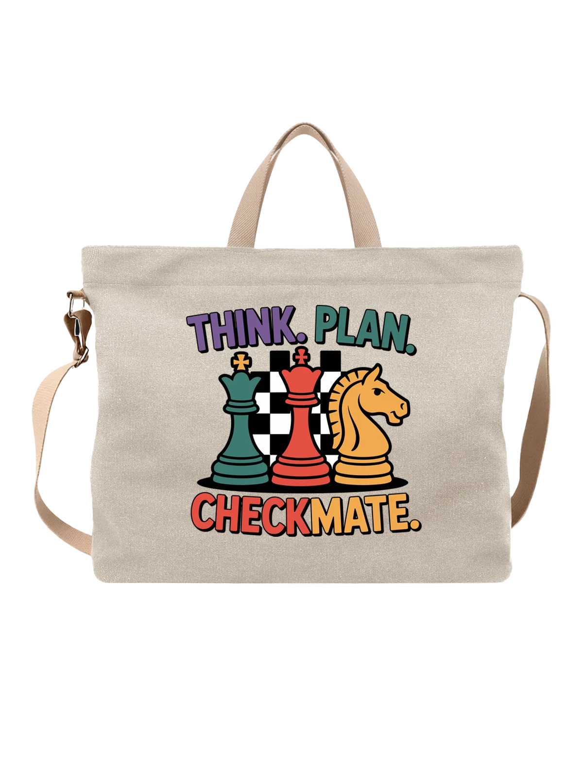 Сумка бежевая с принтом Шахматные фигуры и надпись Checkmate — конь — Бежевая, фото 1