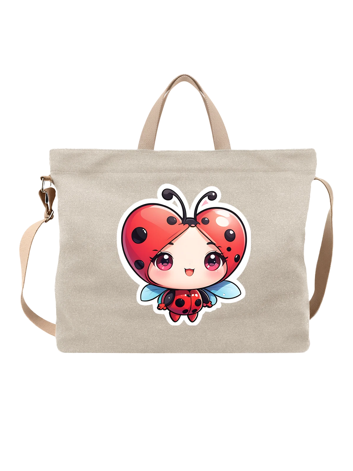 Сумка бежевая с принтом Аниме божья коровка в милом образе — большие глаза — Бежевая, фото 1