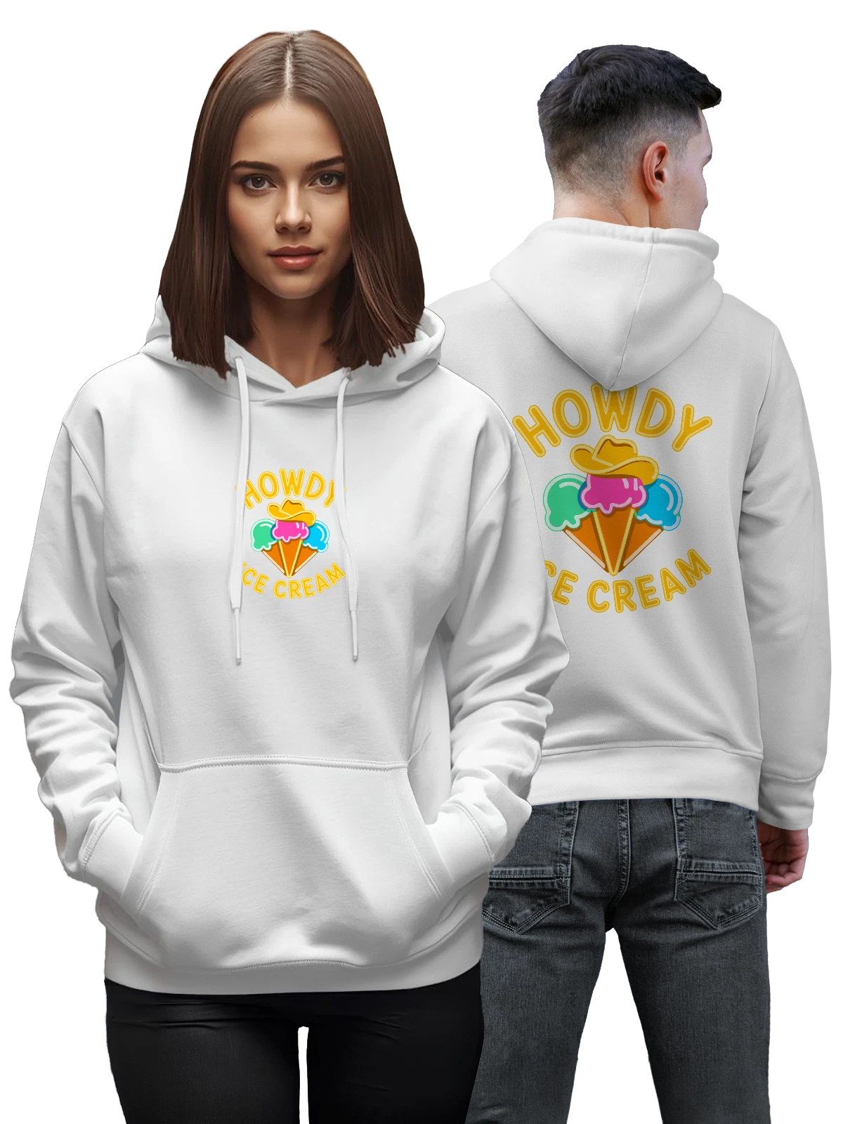 Худи с мороженым в шляпе и надписью HOWDY белое с принтом — яркий мультяшный рисунок — Белая, фото 1
