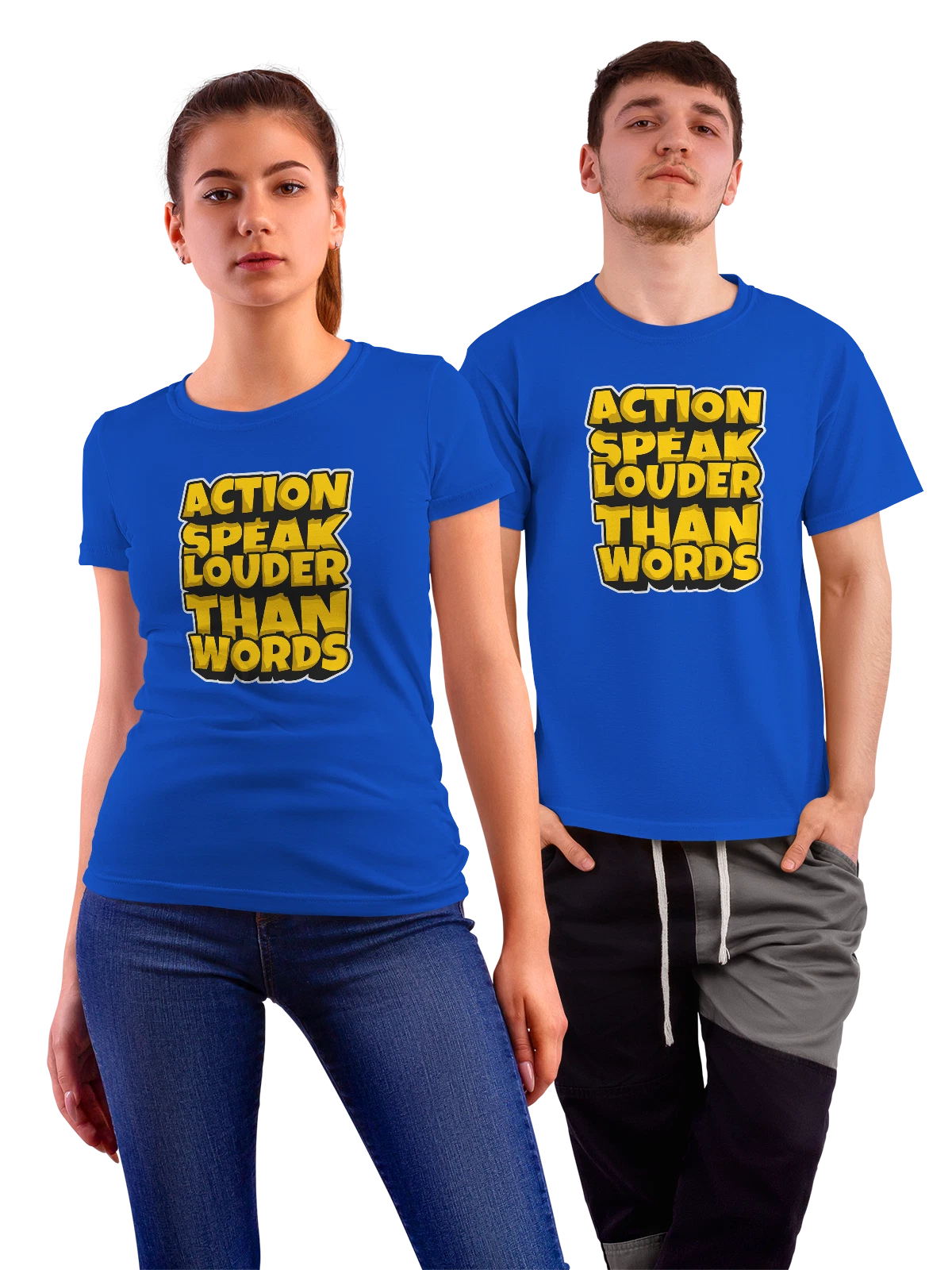 Футболка с надписью Action Speak Louder Than Words синяя с принтом — объемные буквы — Синяя, фото 1