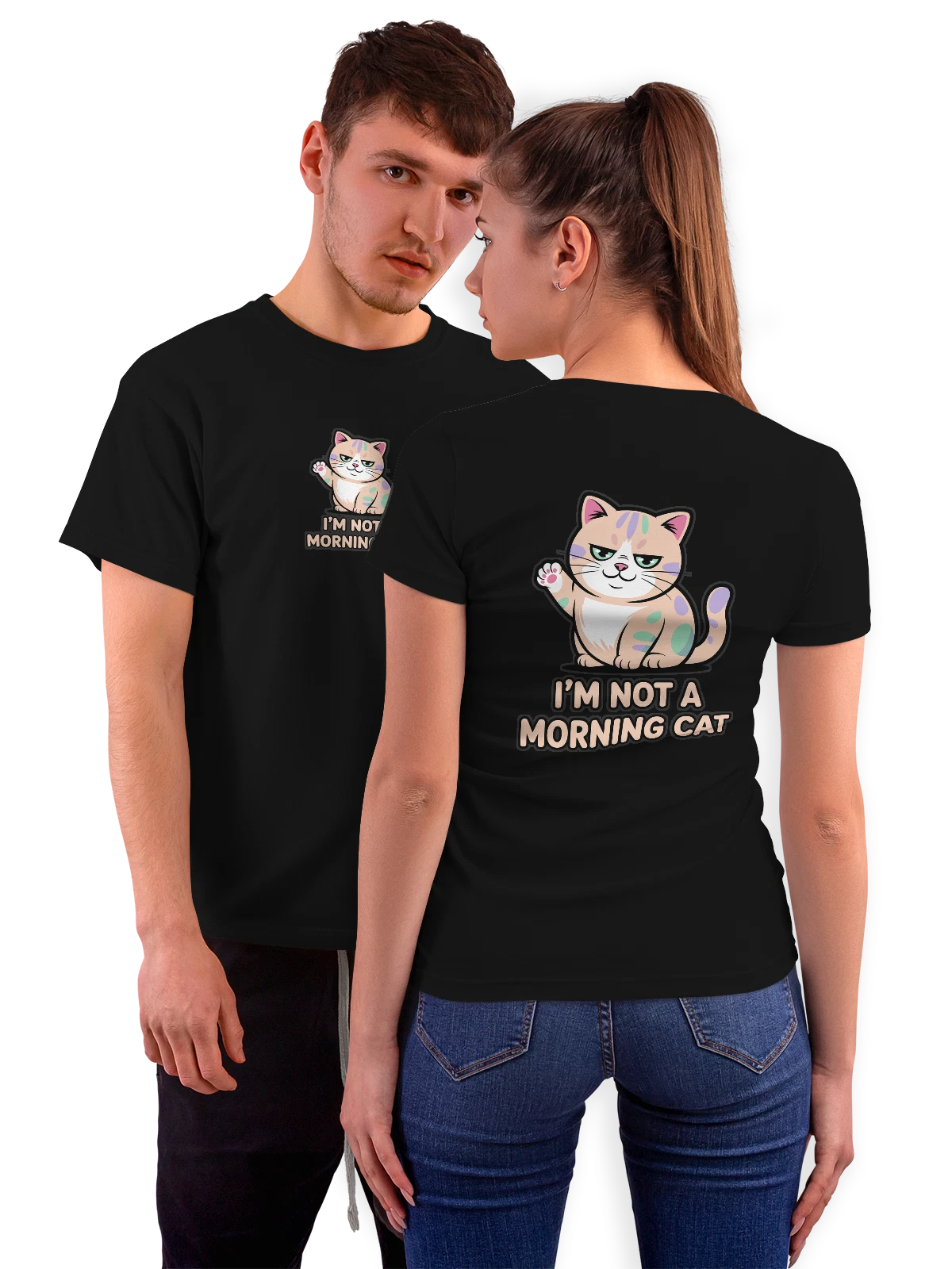 Футболка Кот I M NOT A MORNING CAT чёрная с принтом на спине — иллюстрация кота — Чёрная, фото 1