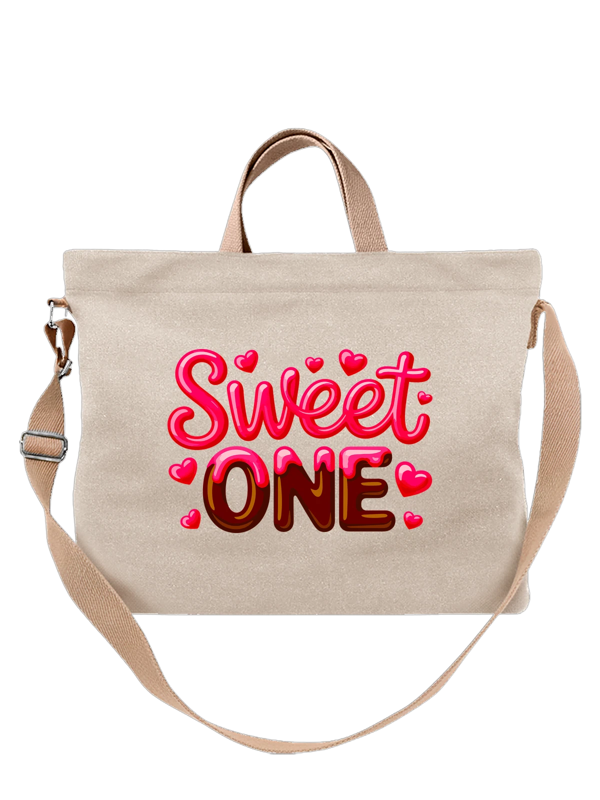 Сумка бежевая с принтом Sweet One с сердцами и розовой надписью — валентинка — Бежевая, фото 1