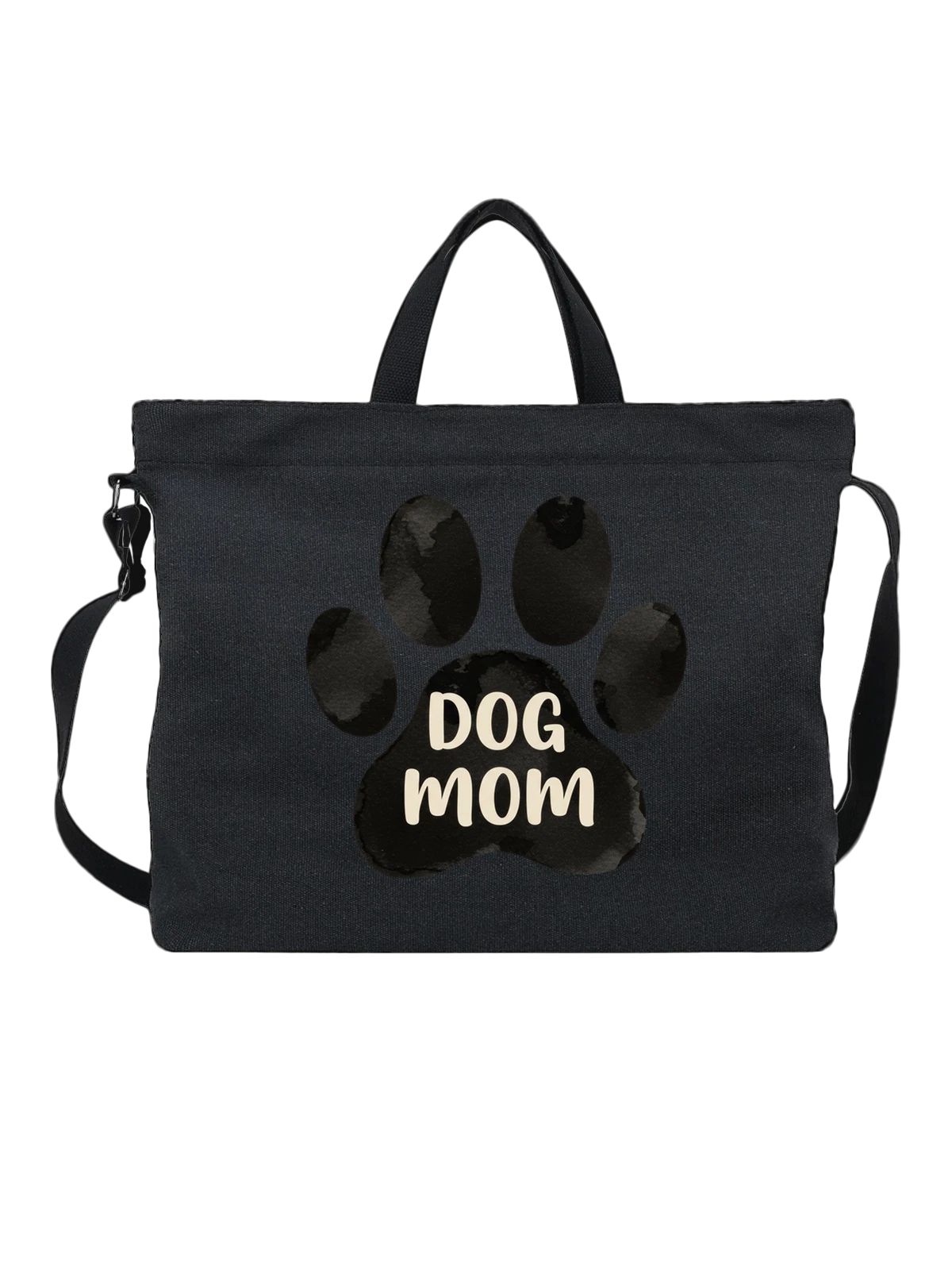 Сумка чёрная с принтом с черной лапой собаки и надписью Dog Mom — любитель собак — Чёрная, фото 1