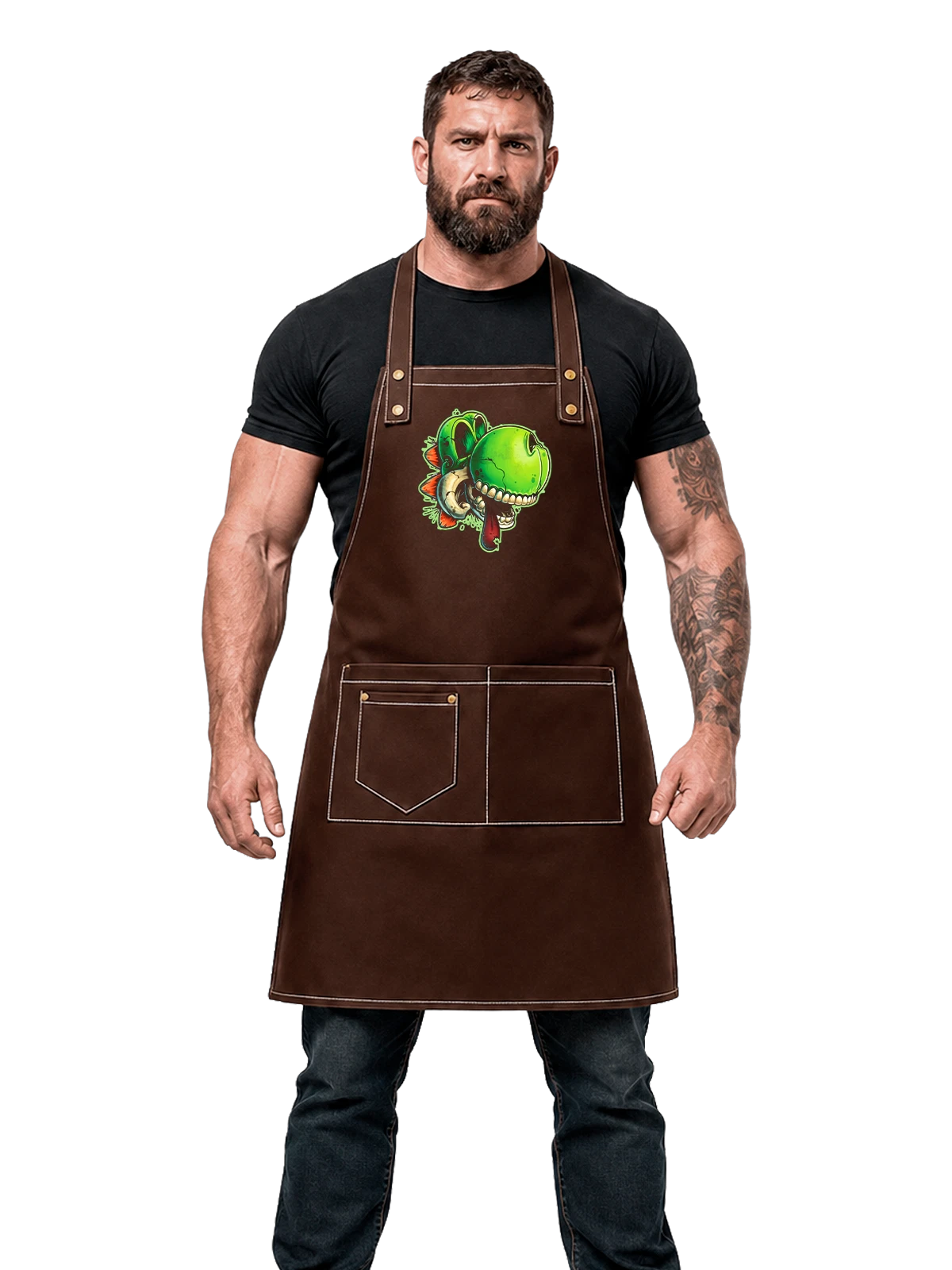 Фартук Зеленый череп с клыками, рогами и языком чёрный с принтом — фантастика — Чёрная, фото 1