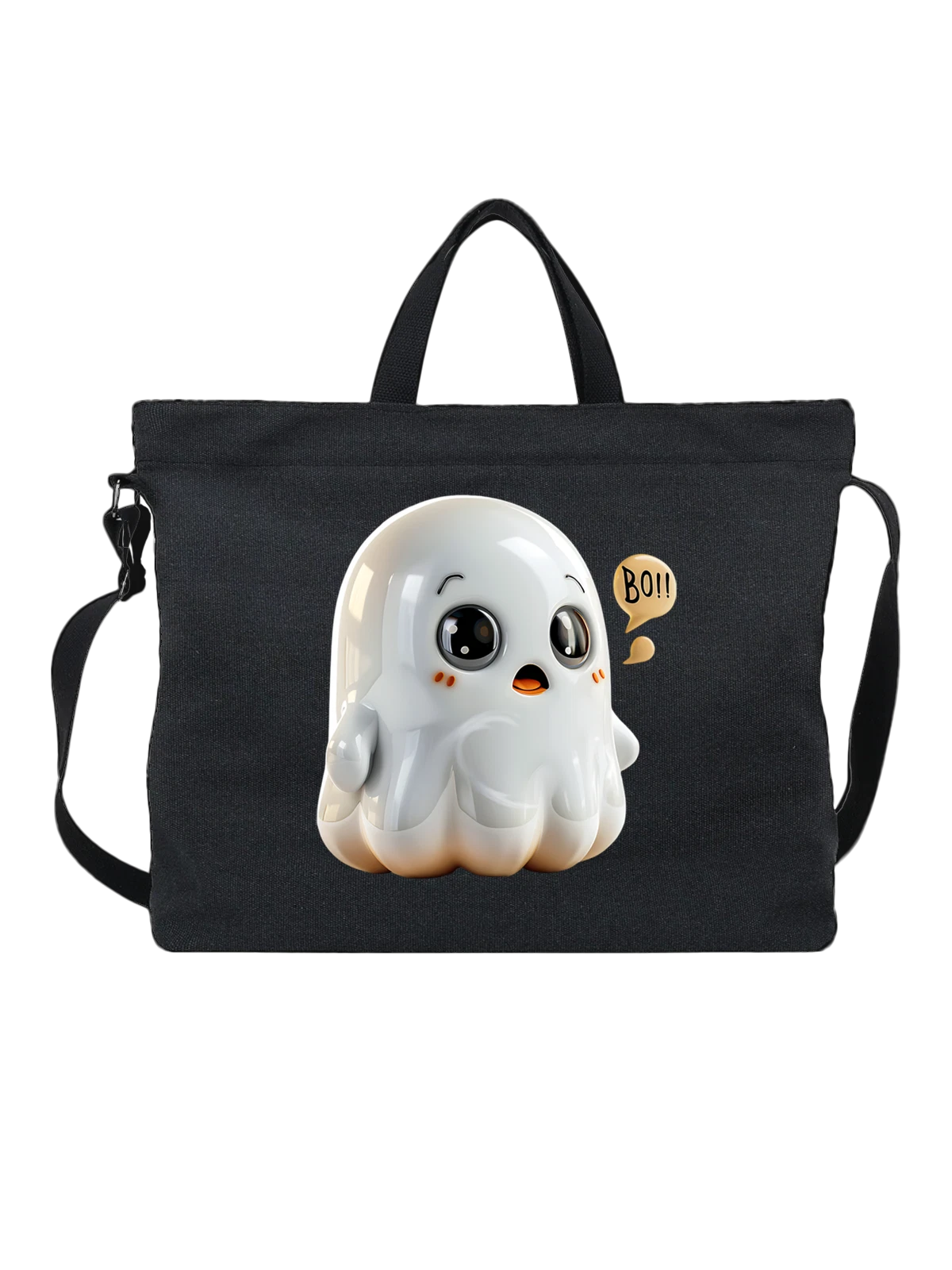 Сумка чёрная с принтом Милый белый призрак с надписью BOO — cute ghost — Чёрная, фото 1