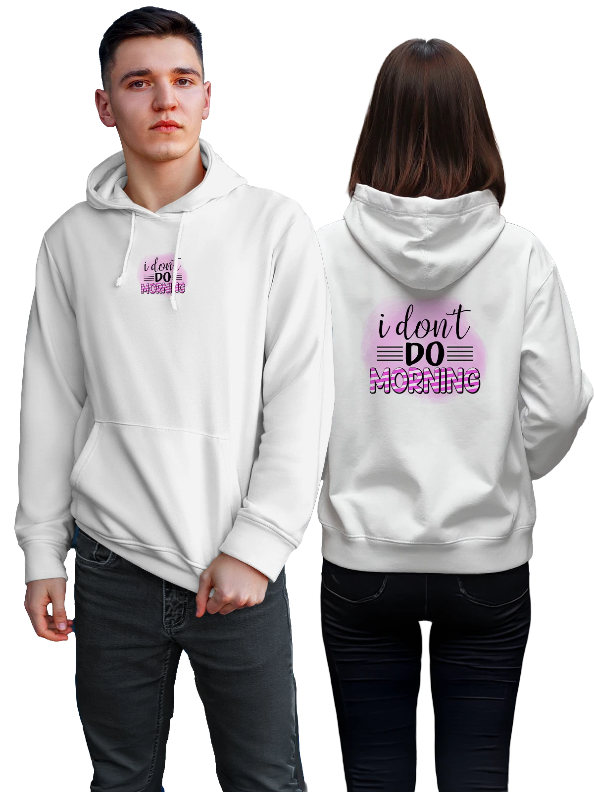 Худи I Dont Do Morning Pink Typography белое с принтом — не люблю утро — Белая, фото 1