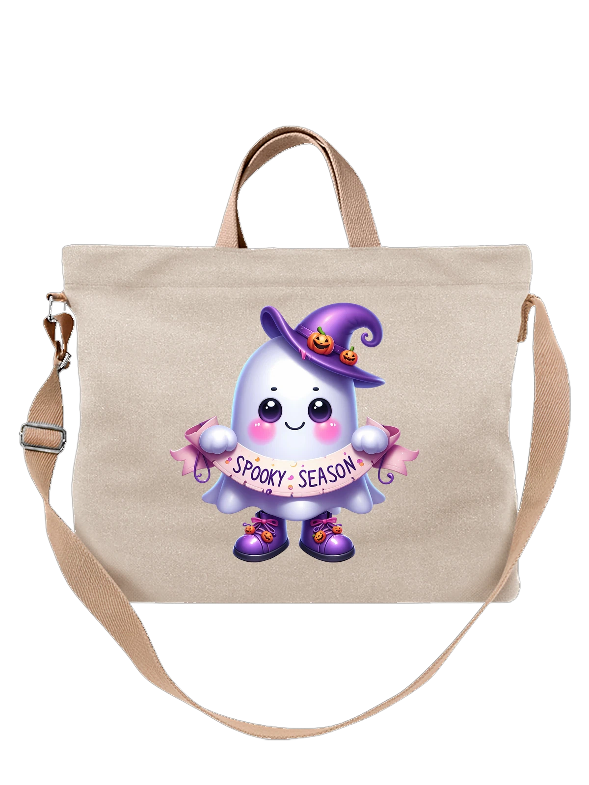 Сумка бежевая с принтом Милый призрак в фиолетовой шляпе Spooky Season — костюм — Бежевая, фото 1
