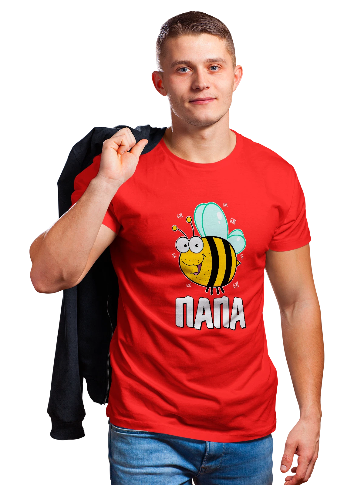 Футболка Папа с пчелой красная с принтом — для мужа — Красная, фото 1