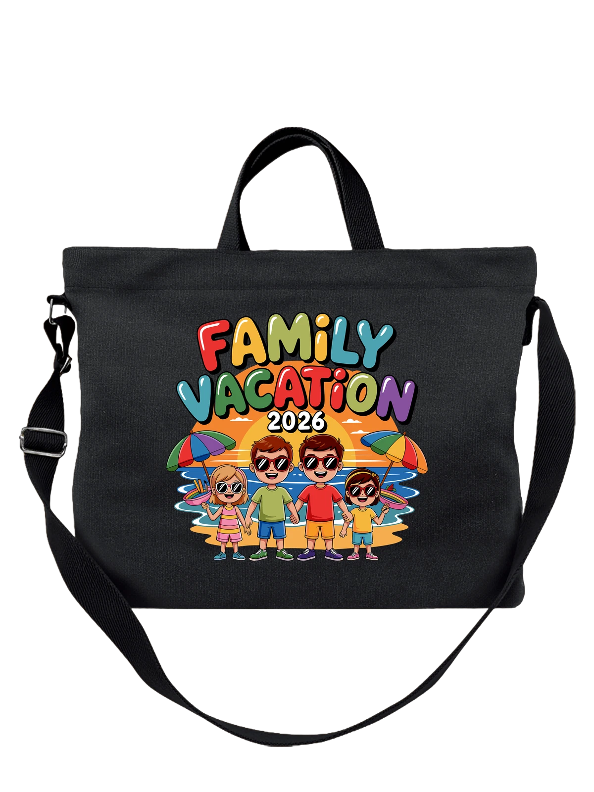Сумка чёрная с принтом Family Vacation 2026 отдых на море — пляжный сезон — Чёрная, фото 1