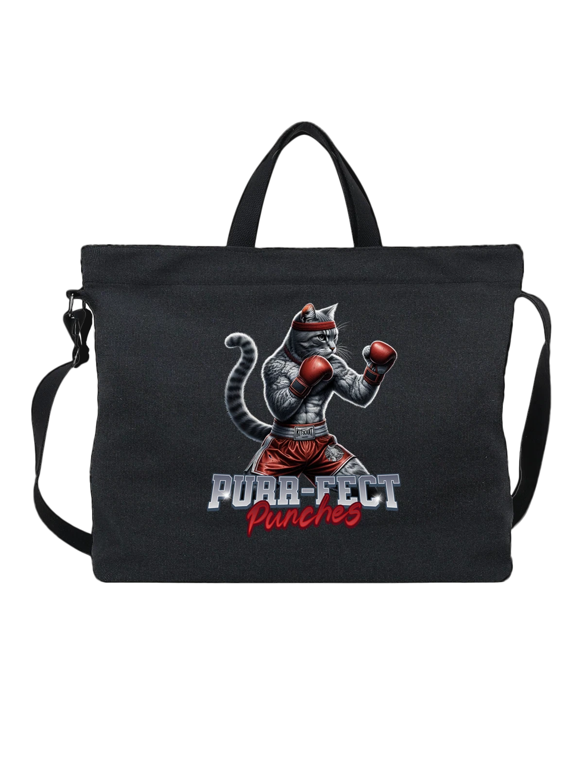 Сумка чёрная с принтом Боксерский кот Purr-Feet в красных перчатках — принт с котом — Чёрная, фото 1