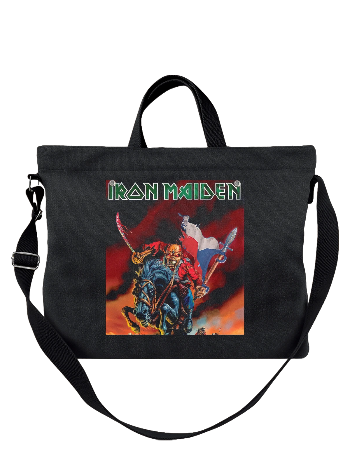 Сумка Iron Maiden Эдди на синей лошади с мечом чёрная с принтом — меч — Чёрная, фото 1