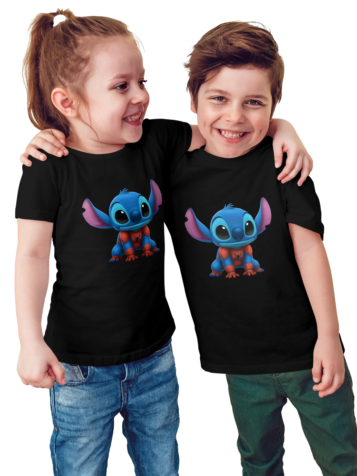 Футболка детская Стич Stitch Marvel Человек-паук Спайдермен чёрная с принтом — синий мех — Чёрная, фото 1