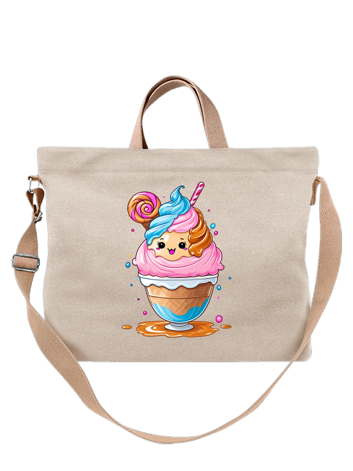 Сумка бежевая с принтом с cute ice cream cone и вафельным рожком — cartoon dessert — Бежевая, фото 1