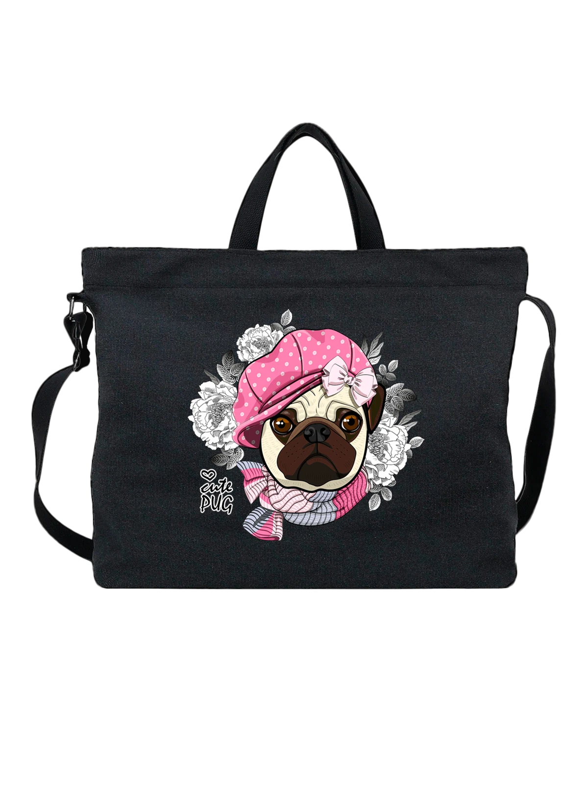 Сумка Мопс в кепке cute pug чёрная с принтом — кинология — Чёрная, фото 1