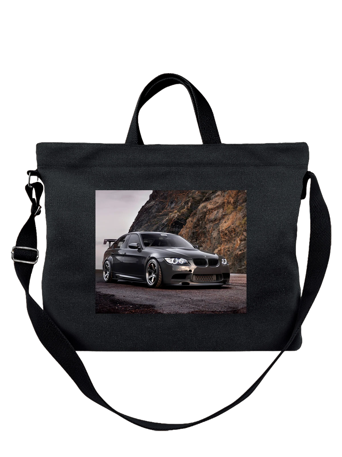 Сумка чёрная с принтом Машина BMW в горах — современная машина — Чёрная, фото 1