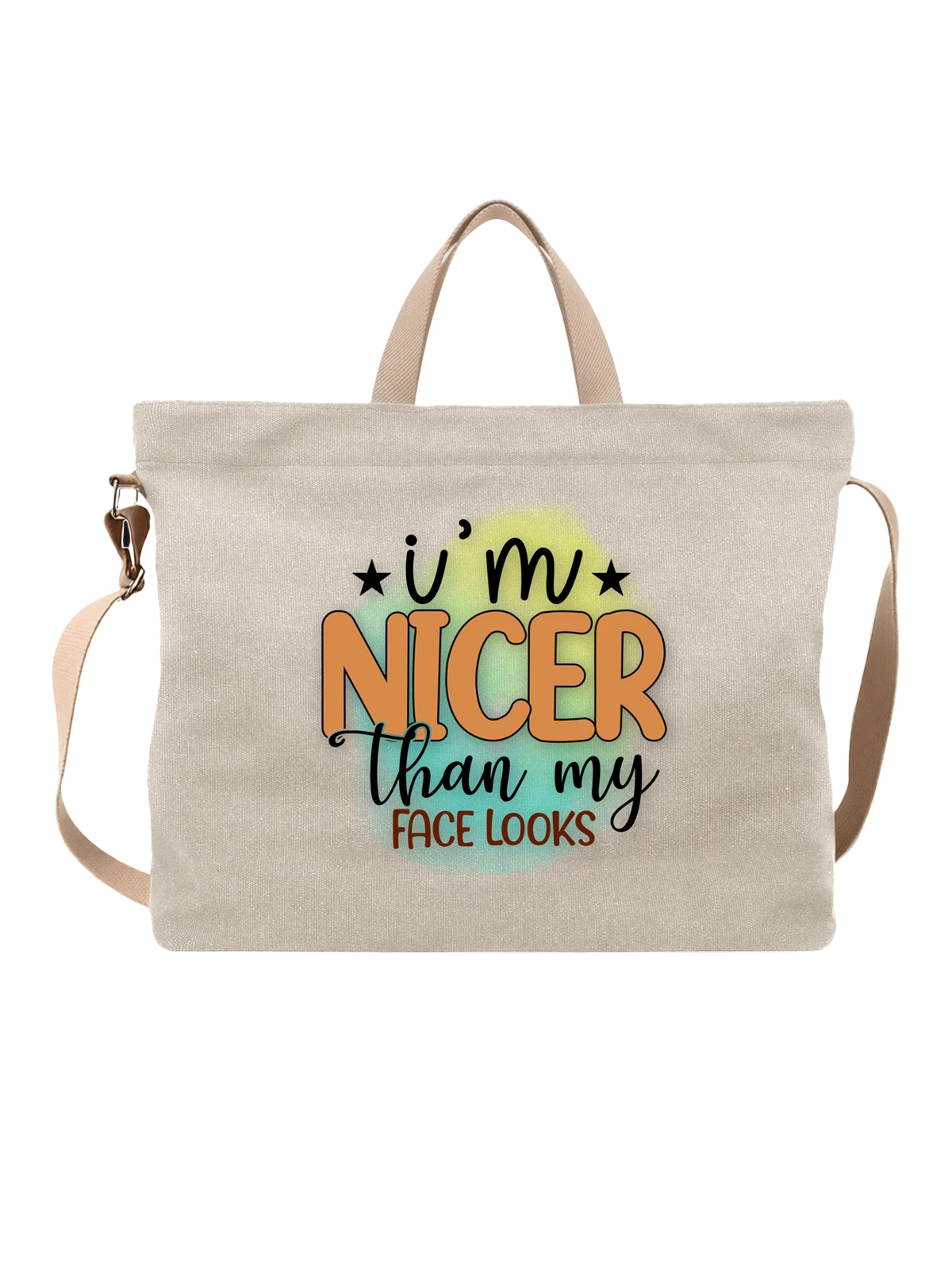 Сумка бежевая с принтом с надписью Nicer than my face looks — принт на одежду — Бежевая, фото 1