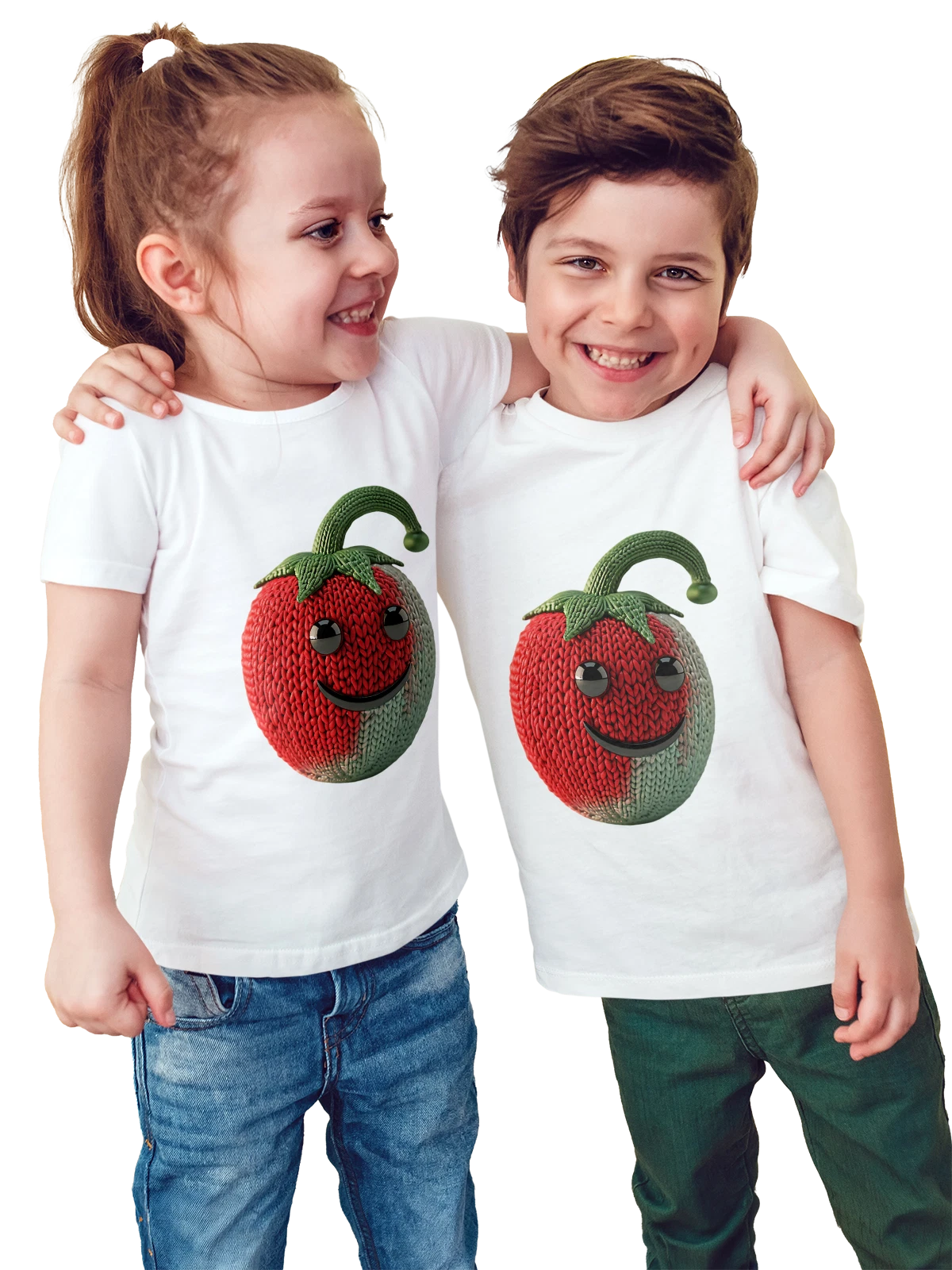 Футболка детская Вязаная клубника с улыбкой и глазами белая с принтом — strawberry with eyes — Белая, фото 1