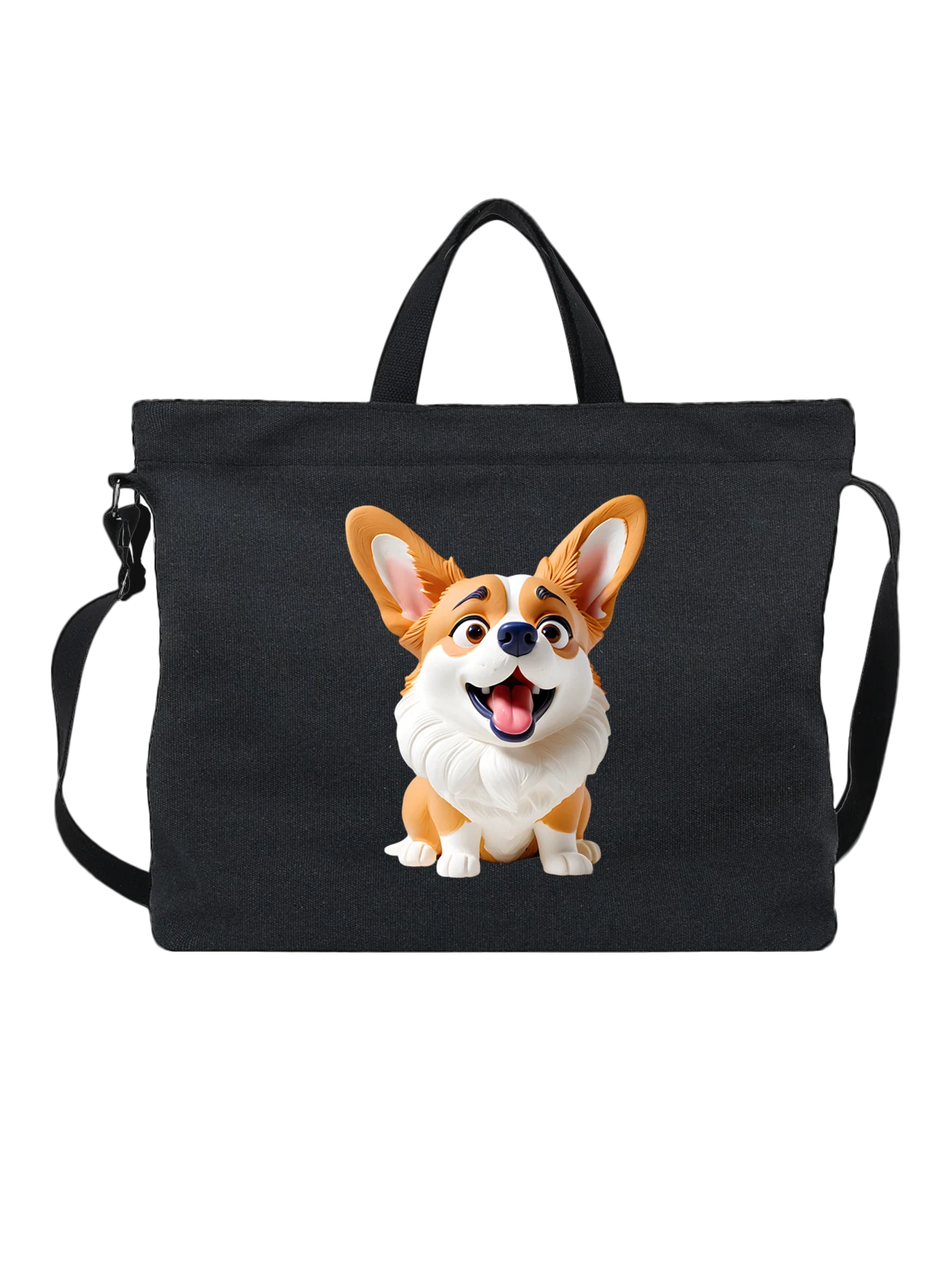 Сумка с милым щенком вельш корги в мультяшном стиле чёрная с принтом — cartoon corgi — Чёрная, фото 1