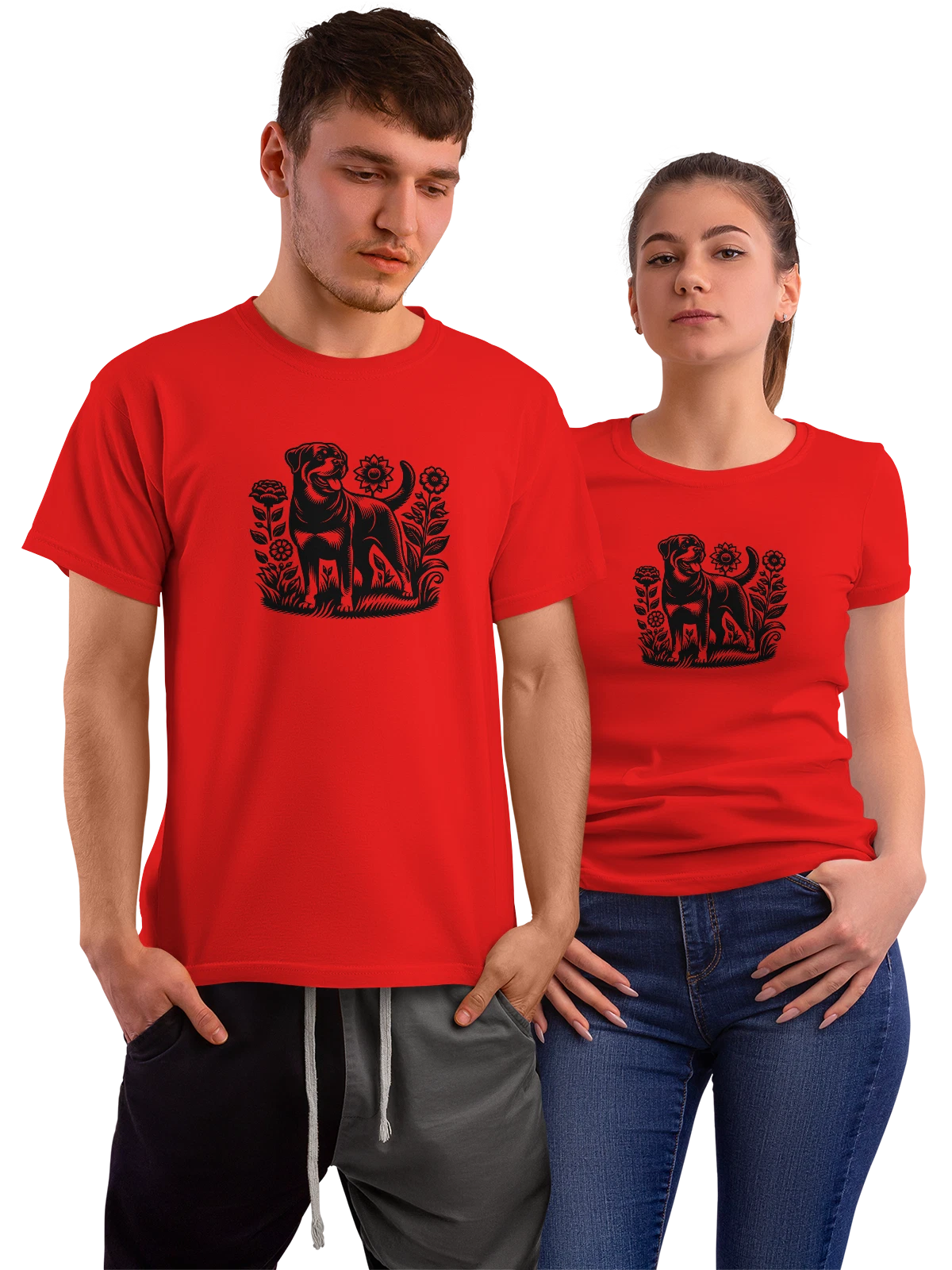 Футболка с черным однотонным силуэтом красная с принтом — простой рисунок — Красная, фото 1