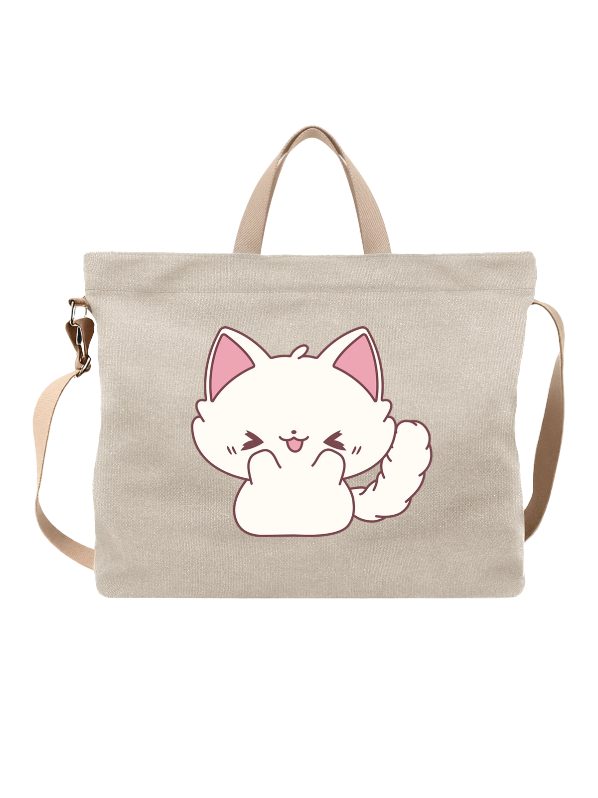 Сумка бежевая с принтом Милый котенок с закрытыми глазами — kawaii cat — Бежевая, фото 1