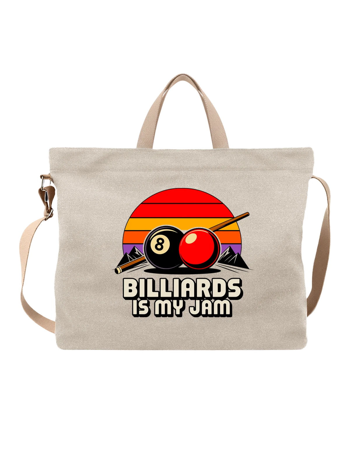 Сумка бежевая с принтом с billiard ball 8, кием и BILLIARDS IS MY JAM — pool table — Бежевая, фото 1