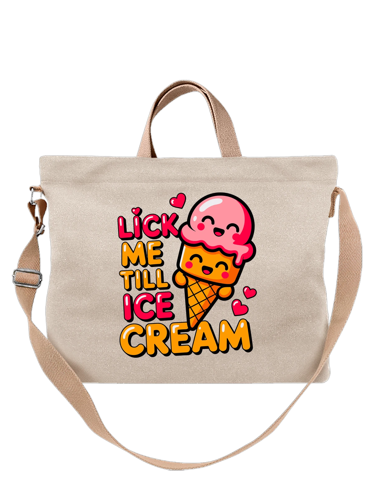 Сумка бежевая с принтом Мороженое с сердечками и надписью LICK ME TILL ICE — надпись LICK ME TILL ICE CREAM — Бежевая, фото 1