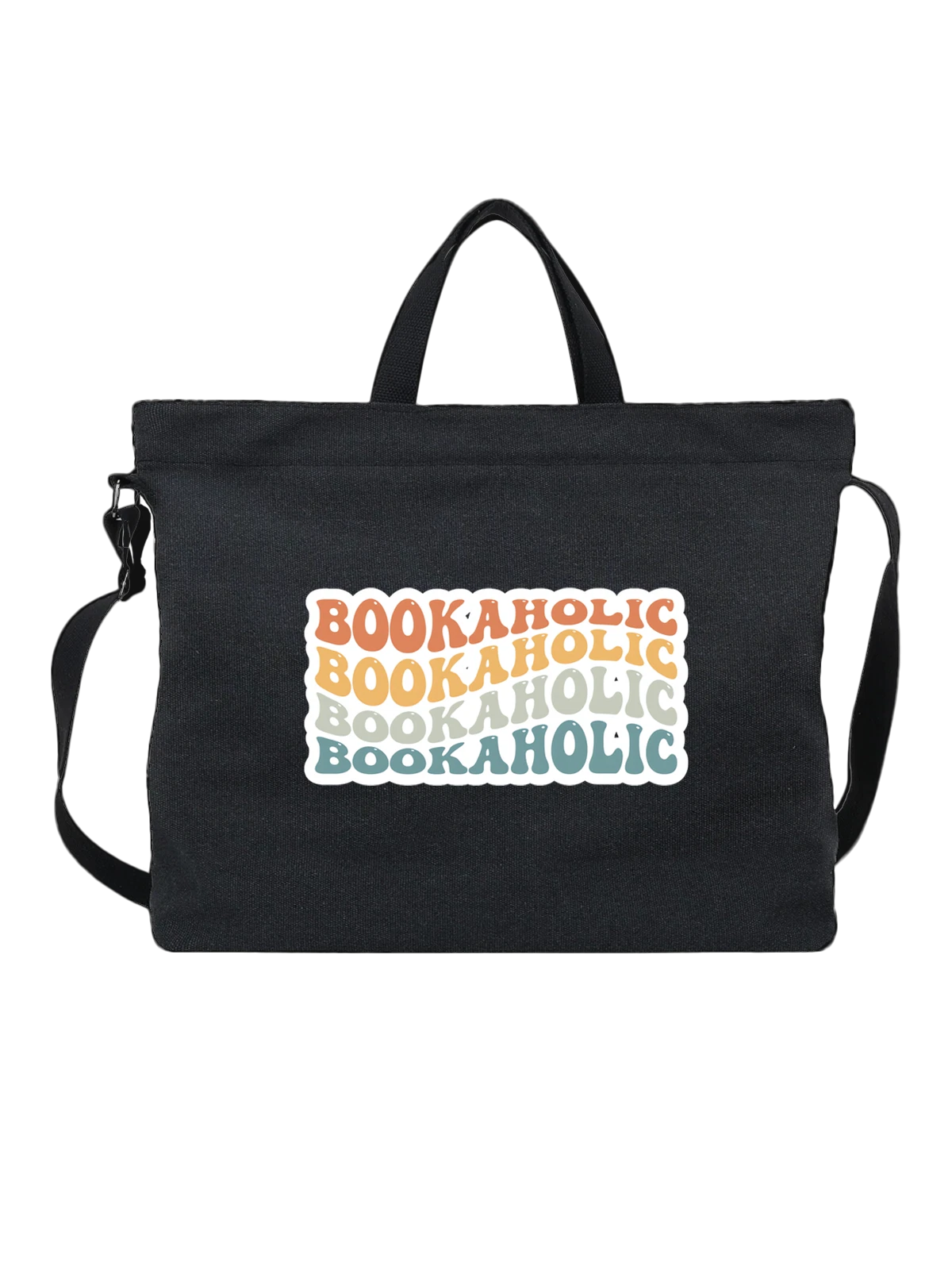 Сумка с надписью Bookaholic в ретро стиле чёрная с принтом — волнистые буквы — Чёрная, фото 1