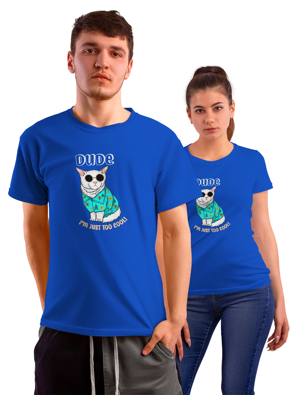 Футболка Белый кот в очках и рубашке с цветами синяя с принтом — модный кот — Синяя, фото 1
