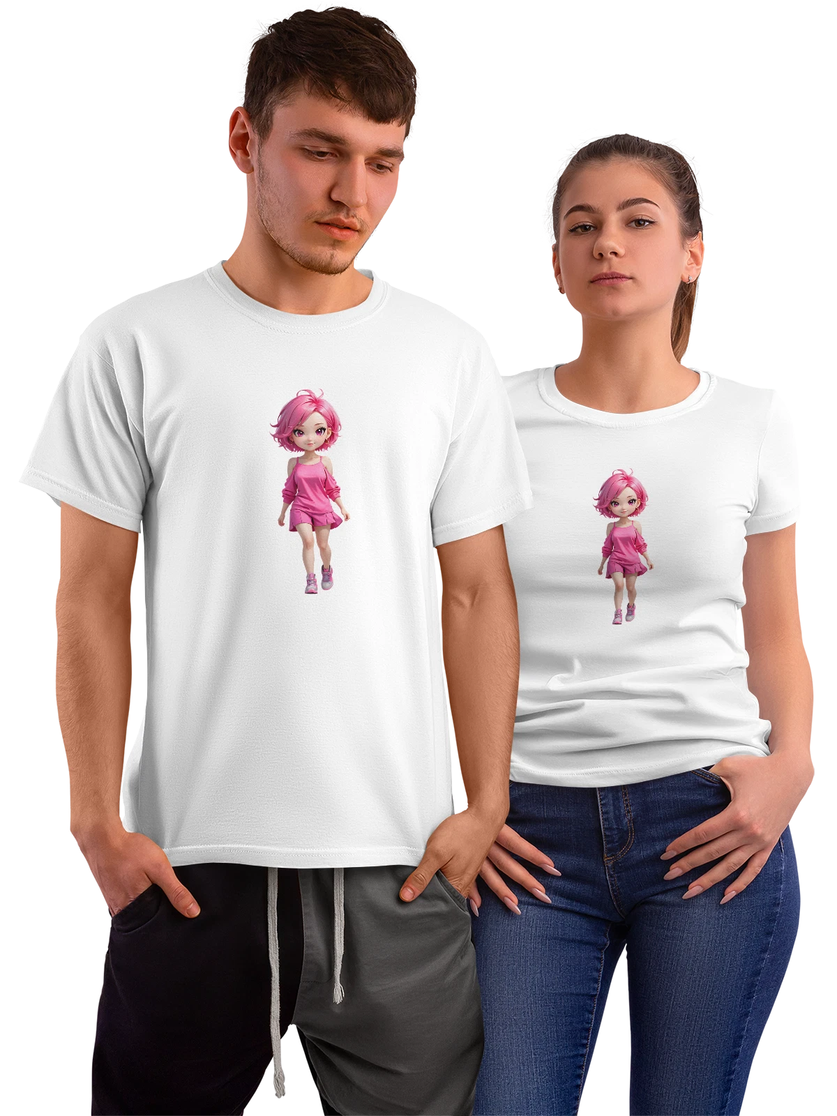 Футболка Аниме девочка с розовыми волосами в платье белая с принтом — мультяшная героиня — Белая, фото 1