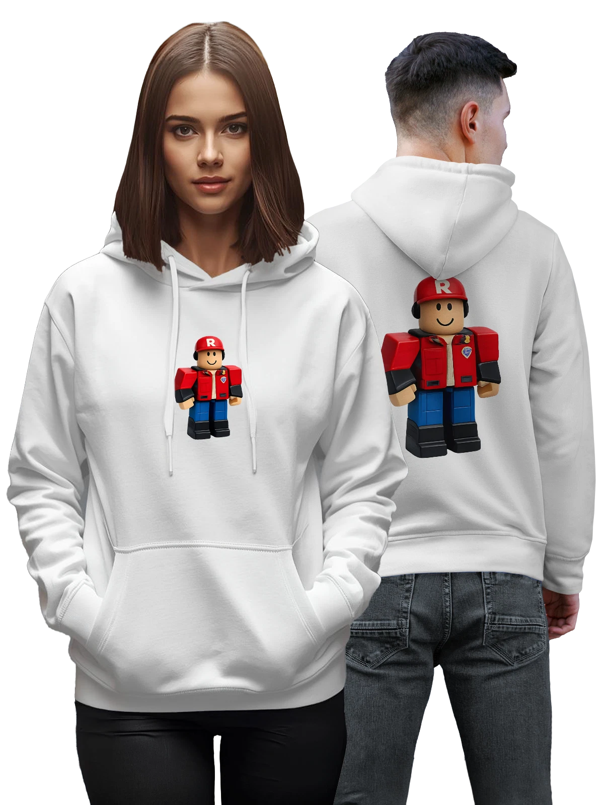 Худи Персонаж Roblox в красной кепке R и куртке белое с принтом — смайлик — Белая, фото 1