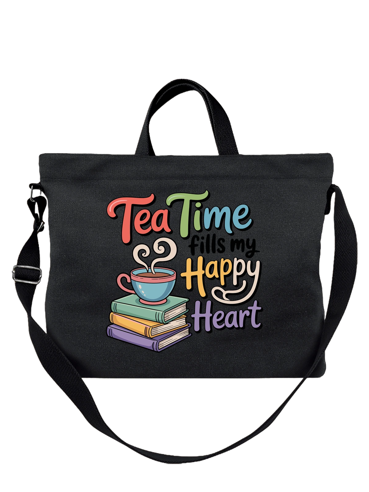 Сумка чёрная с принтом Tea Time Happy Heart чашка и книги — литературный дизайн — Чёрная, фото 1