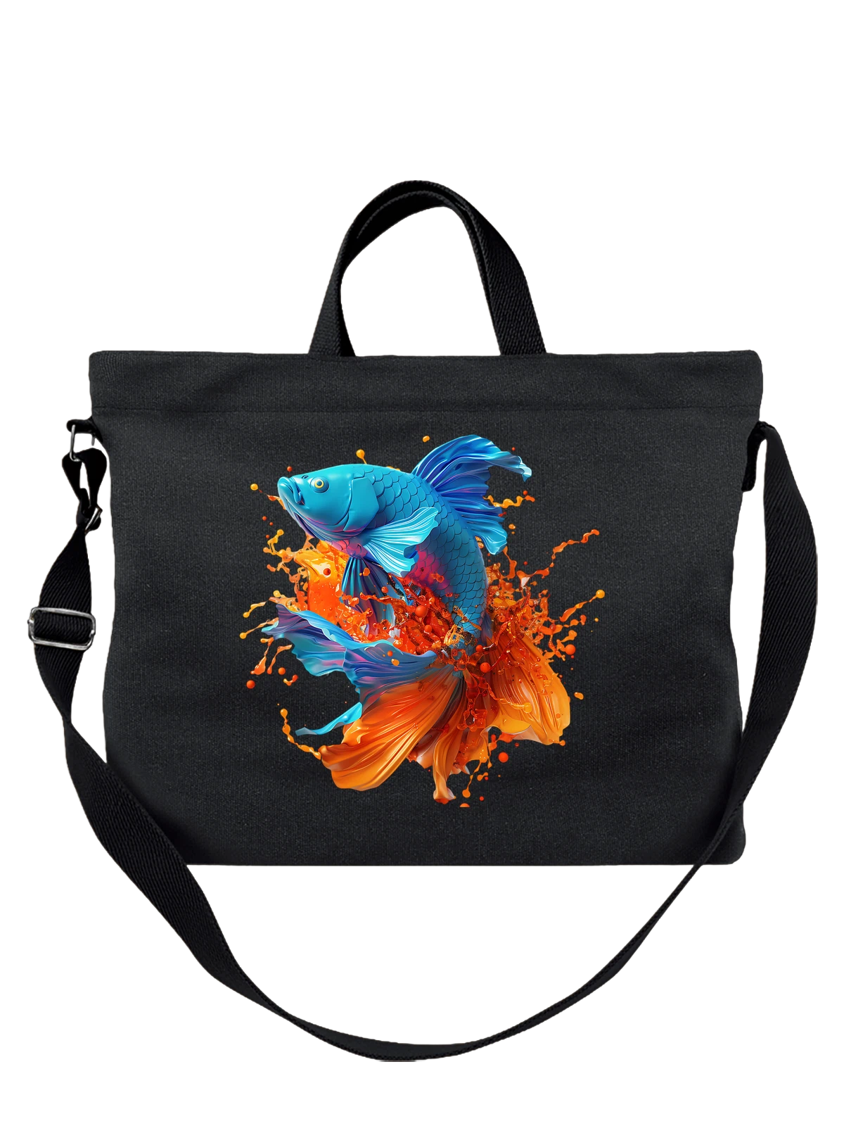 Сумка чёрная с принтом Синия и оранжевая бетта-betta fish — чешуя — Чёрная, фото 1