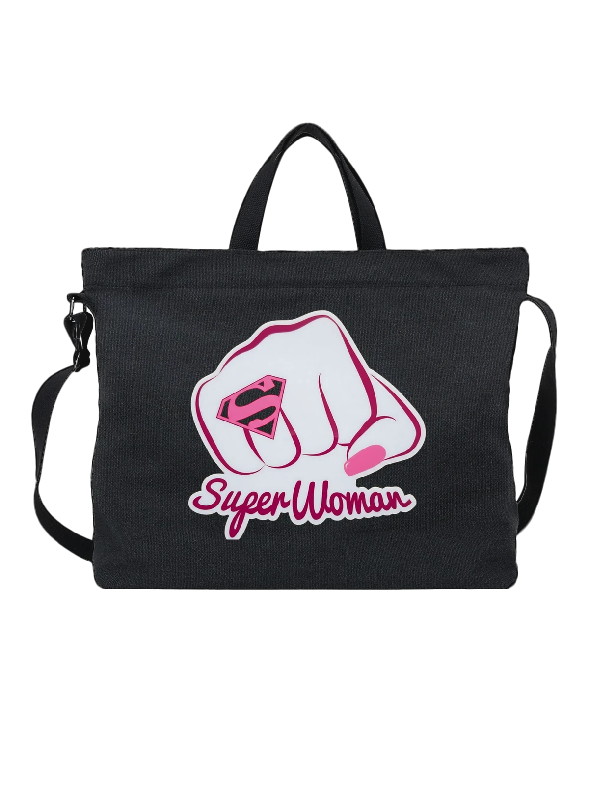 Сумка чёрная с принтом Superwoman: розовый кулак с эмблемой S — комикс-символ — Чёрная, фото 1