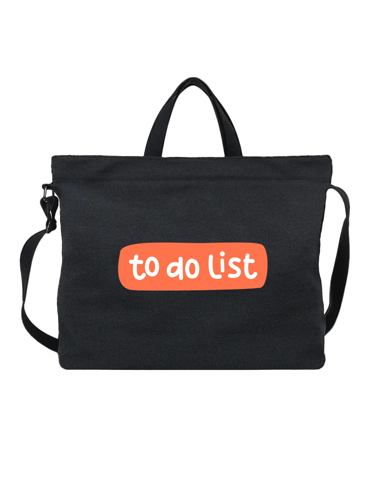 Сумка чёрная с принтом с надписью to do list на оранжевом фоне — белые буквы — Чёрная, фото 1