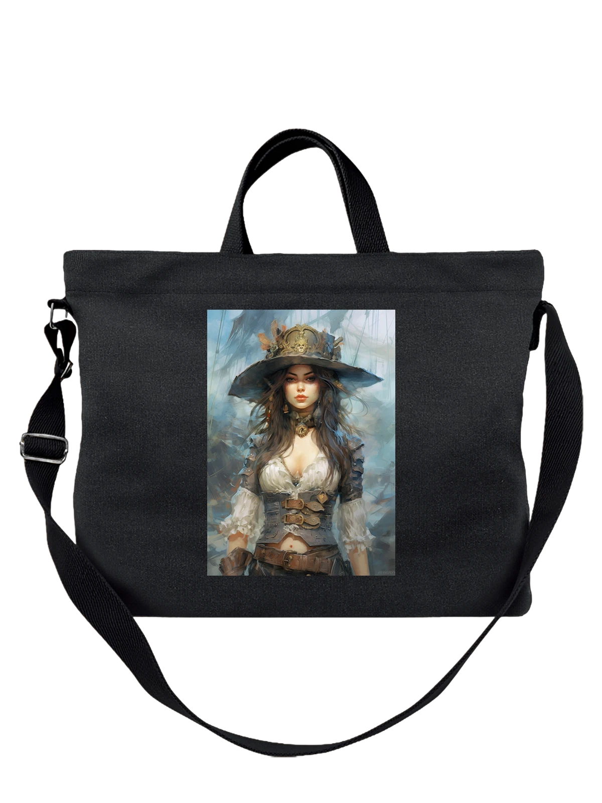 Сумка чёрная с принтом Female pirate в широкополой шляпе — white blouse — Чёрная, фото 1