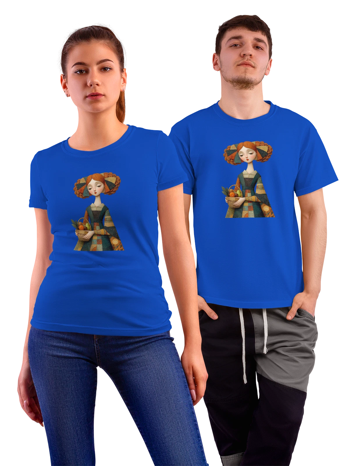 Футболка Девочка с корзиной фруктов и листьями синяя с принтом — портрет — Синяя, фото 1