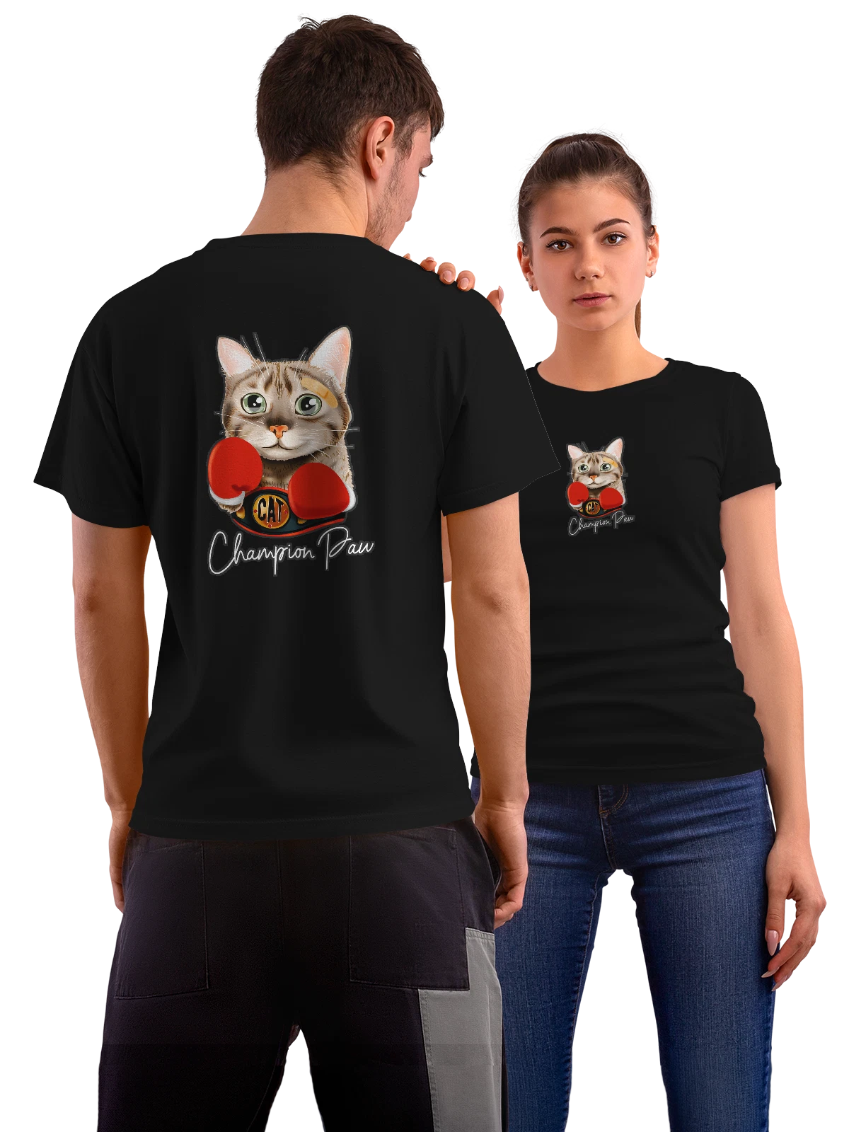 Футболка Кот боксер champion paw чёрная с принтом на спине — подарок кошатнику — Чёрная, фото 1