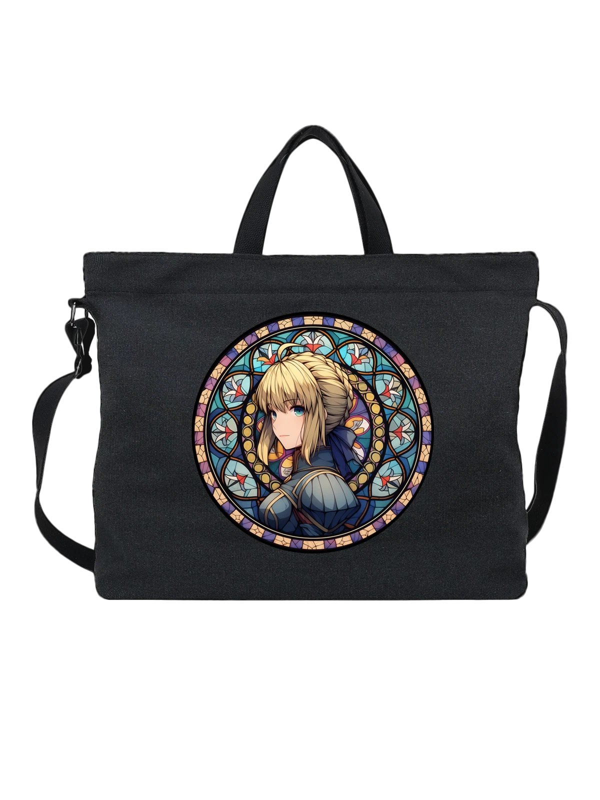 Сумка чёрная с принтом Blonde anime girl portrait в витраже — circular composition — Чёрная, фото 1