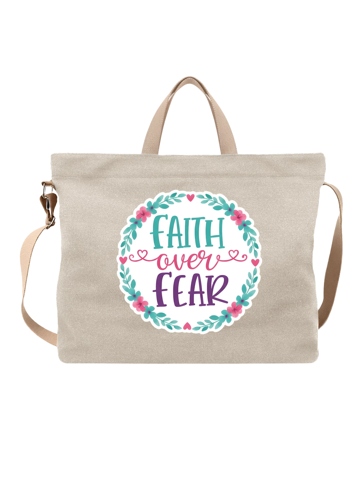 Сумка бежевая с принтом с надписью Faith Over Fear в цветочном венке — христианский посыл — Бежевая, фото 1