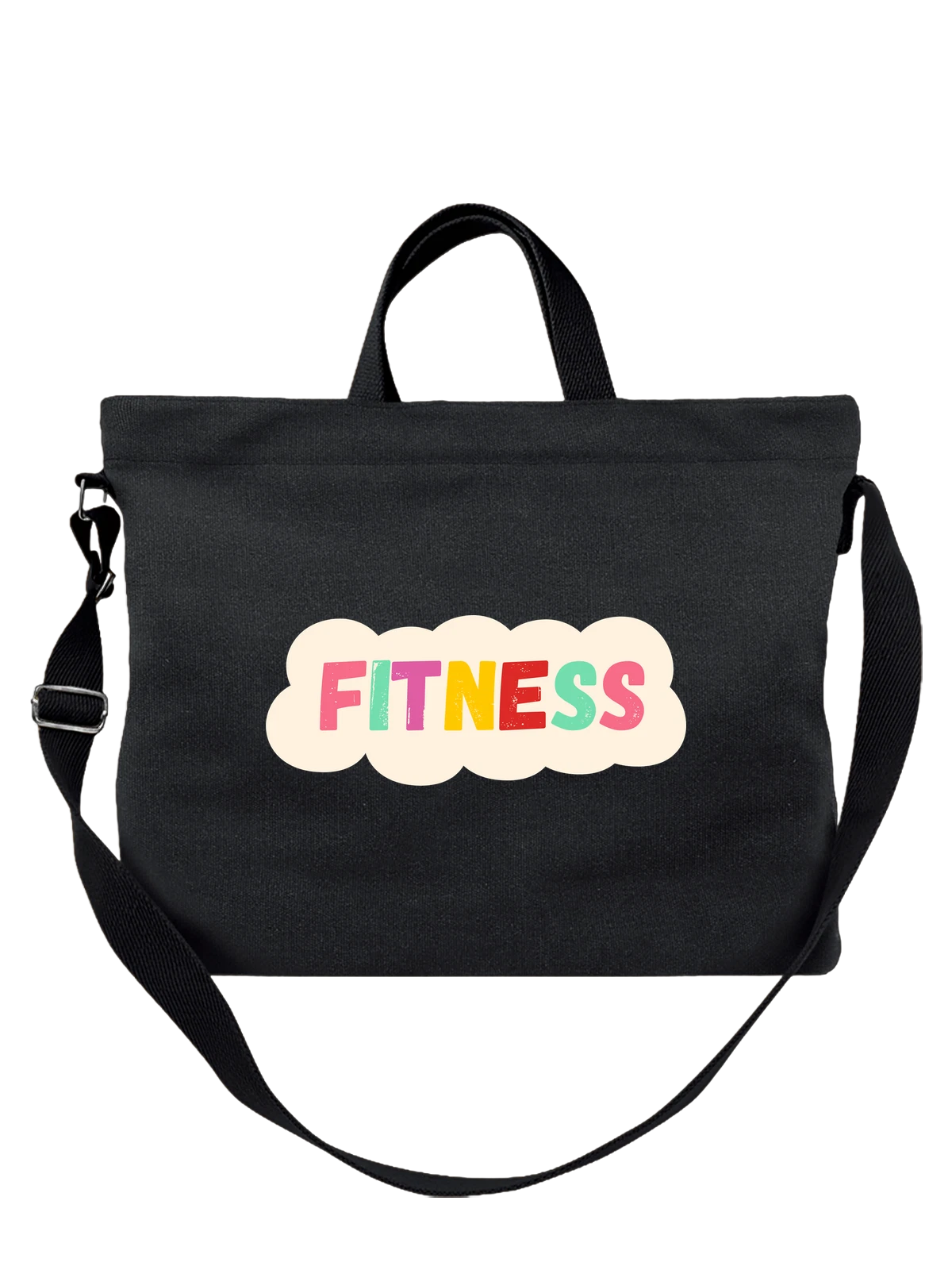 Сумка чёрная с принтом FITNESS надпись яркими цветными буквами — здоровый образ жизни — Чёрная, фото 1