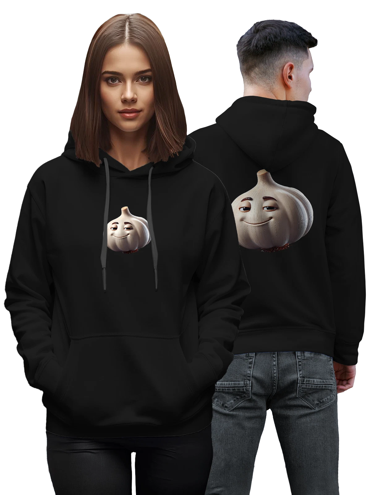 Худи Улыбающийся чеснок персонаж чёрное с принтом — детский дизайн — Чёрная, фото 1