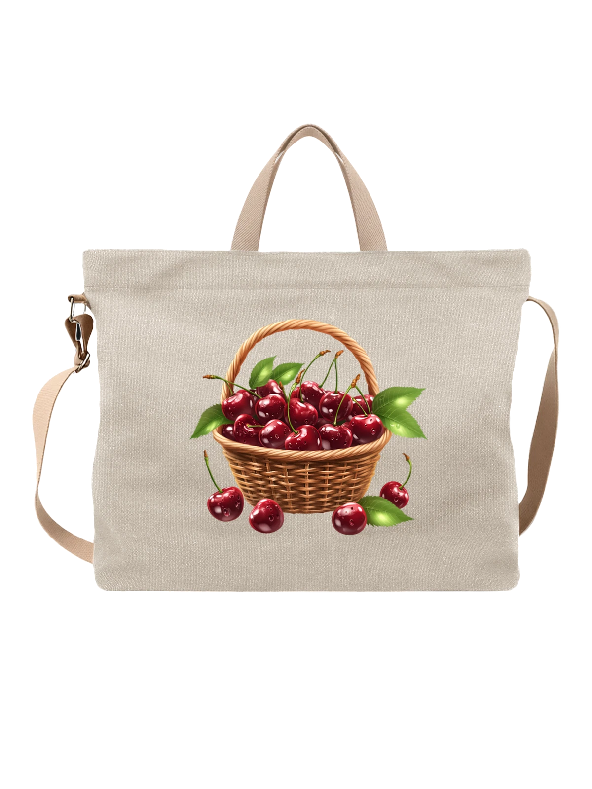 Сумка бежевая с принтом Корзина спелой вишни с зелеными листьями — ripe cherries — Бежевая, фото 1