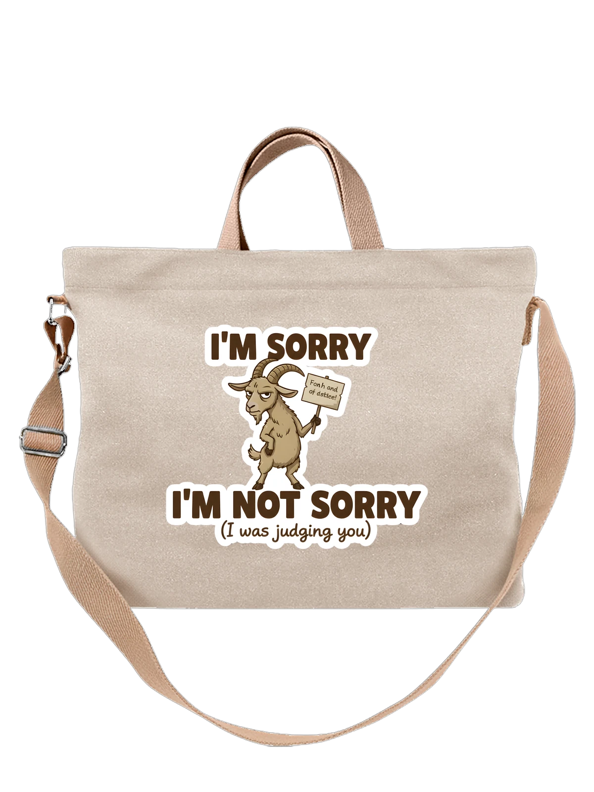 Сумка бежевая с принтом с козлом I M NOT SORRY и табличкой — извинение — Бежевая, фото 1